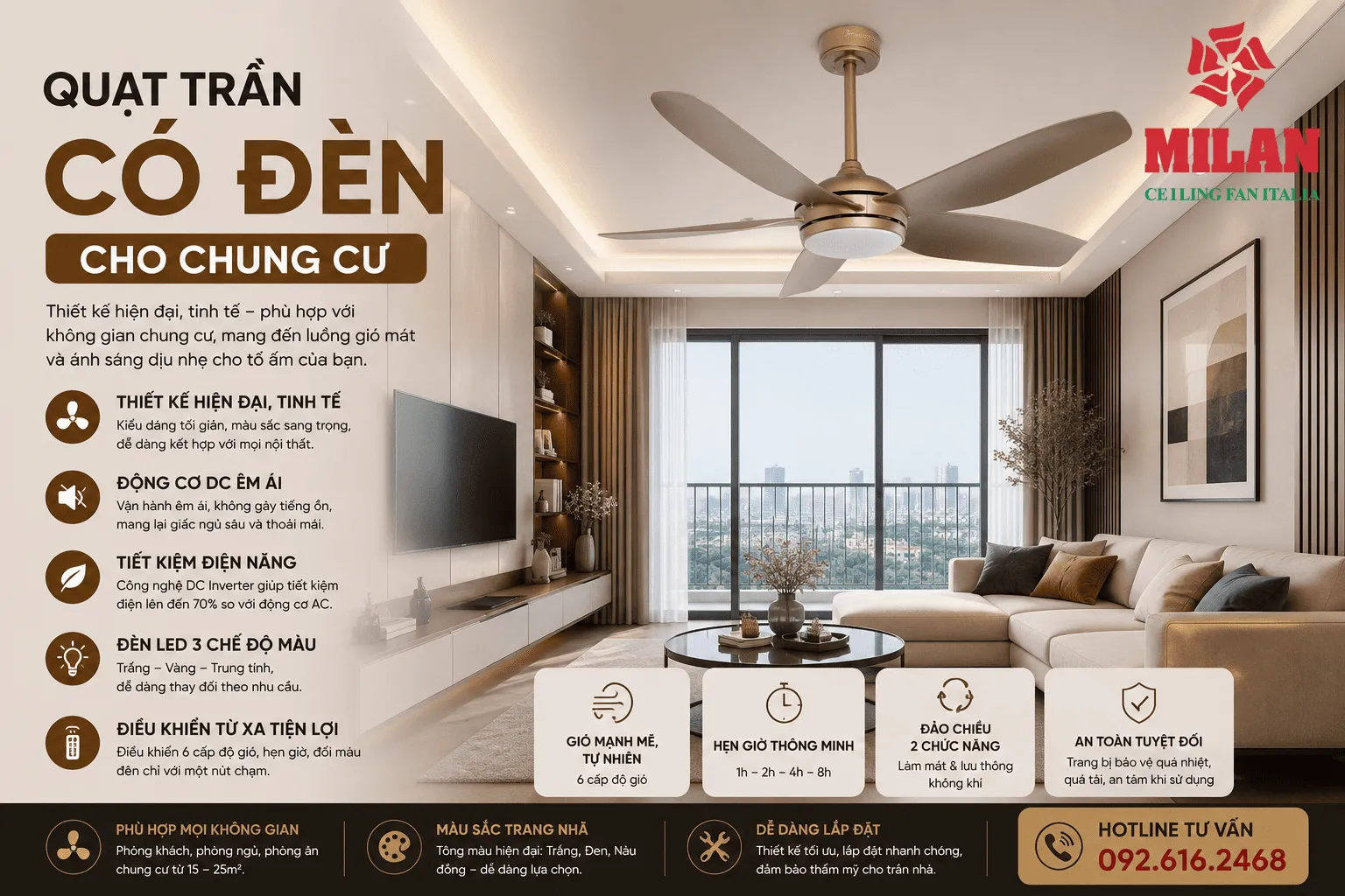 quạt trần có đèn cho chung cư, căn hộ